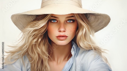 Portrait blonde with blue eyes with a hat on white background