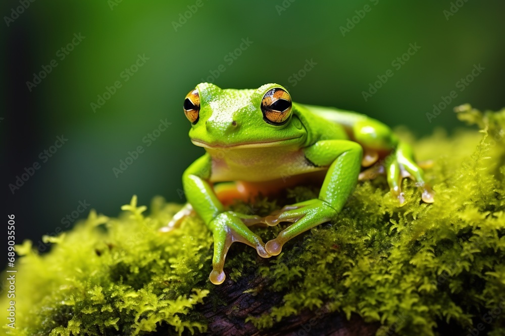 Obraz premium Green tree frog sitting on moss in the rainforest. Wildlife scene from nature.
