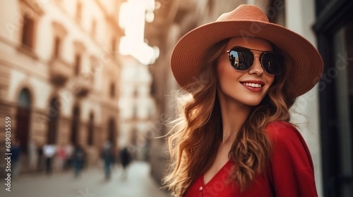 Portrait a pretty young woman in hat and sunglasses in the city background