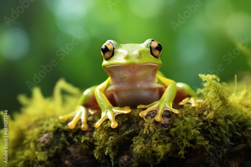 Green tree frog sitting on moss in the rainforest. Wildlife scene from nature. photo