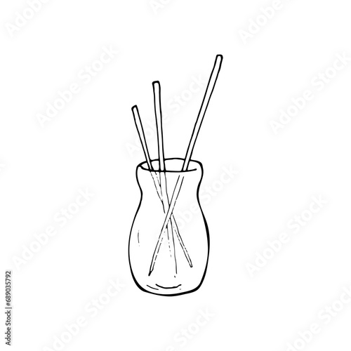 Hand-drawn Bottle With Aroma Sticks. Vector Illustration of Incense Sticks. Aroma diffuser with sticks for home on a white background.