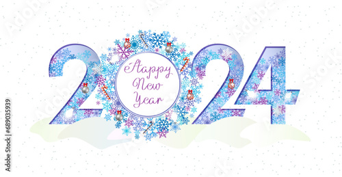 Happy New Year 2024 beautiful postcard. Cute winter design. Snowy backdrop and creative number 20 24 with clipping mask and door wreath. Snowball with text template. Christmas decorative elements.