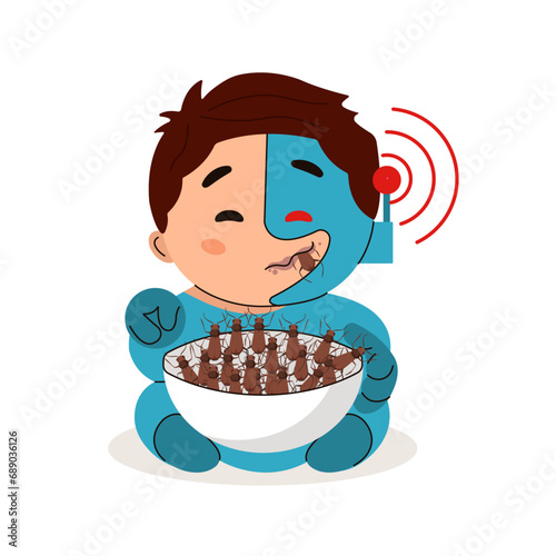 The robot child is eating bugs