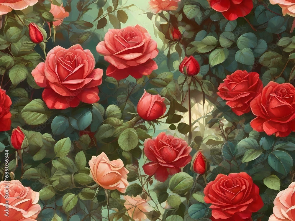 beautiful red rose flowers in the garden, sunlight, detailed illustration, colored illustration
