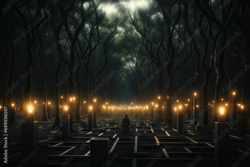 Creepy mystical forest with lights. Generated by artificial intelligence