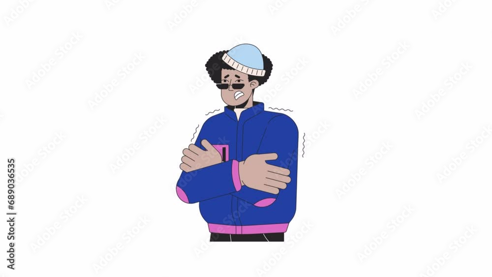 Hispanic young man shivering from cold weather line 2D character animation. Winter outfit latino guy chills flat color cartoon 4K video, alpha channel. Freezing animated person on white background Hispanic young man shivering from cold weather line 2D character animation. Winter outfit latino guy chills flat color cartoon 4K video, alpha channel. Freezing animated person on white background