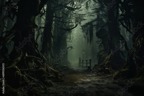 Gloomy and dark forest path in thick fog. Generated by artificial intelligence © Vovmar