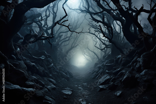 Gloomy and dark forest path in thick fog. Generated by artificial intelligence