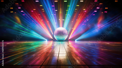 .glowing sparkling disco ball, multi-colored laser beams, stage and dance floor for roller skating. Generative AI photo