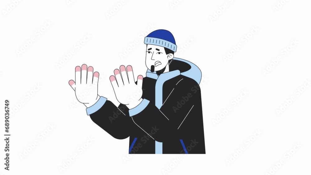 Suffering man with frostnip fingers line 2D character animation. Wintertime flat color cartoon 4K video, alpha channel. Winter clothes guy with frozen hands animated person on white background Suffering man with frostnip fingers line 2D character animation. Wintertime flat color cartoon 4K video, alpha channel. Winter clothes guy with frozen hands animated person on white background