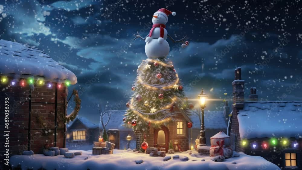christmas decorations on the roof of the house with a snowman and christmas tree surrounded by snowfall and firework. seamless looping time-lapse virtual video animation background.