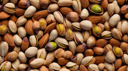 a lot of pistachios in the shell, almonds assorted nuts close-up texture, pattern. Generative AI photo