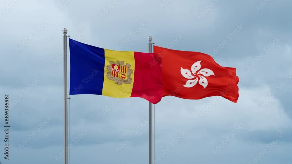 Hong Kong flag and Andorra flag waving together on cloudy sky, endless seamless loop, two country relations concept Hong Kong flag and Andorra flag waving together on cloudy sky, endless seamless loop, two country relations concept