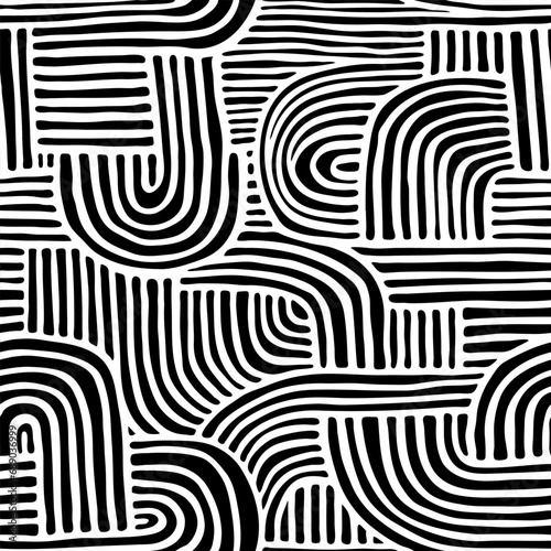 Black and white striped arched shapes in black and white seamless pattern. Freehand vector texture for contemporary art, wallpaper, wall decor, interior, mural, home textile, bedding, package, fabric.
