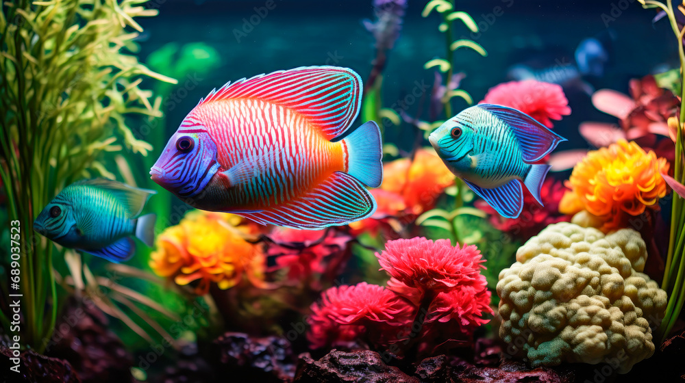 Obraz premium Aquarium full of fishes and plants. Tank filled with water for keeping live underwater animals.
