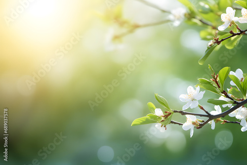 Beautiful background with white spring flowers blooming on tree and blurry background with copy space