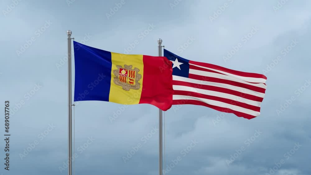 Liberia and Andorra flag waving together on cloudy sky, endless seamless loop, two country cooperation concept Liberia and Andorra flag waving together on cloudy sky, endless seamless loop, two country cooperation concept