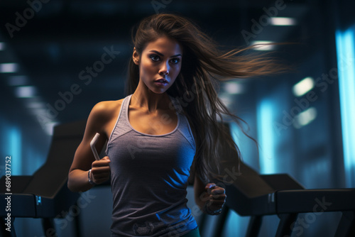 Beautiful Woman Staying Fit, Gracefully Running on a Treadmill with Determination. Ai generated