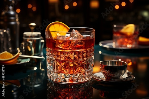A captivating image that brings the classic Negroni to life, perfect for depicting the sophisticated nightlife and jazz bar ambiance.