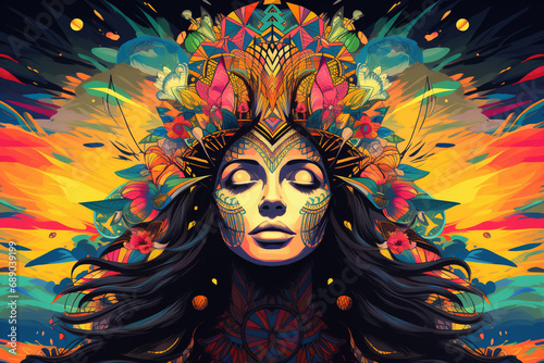 Woman's Ayahuasca Journey, Infused with Vibrant Shapes and Graphic Elements, a Psychedelic Visual Exploration. Ai generated