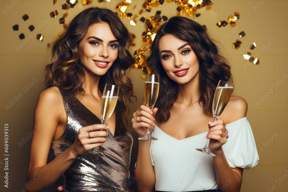 two beautiful friends with champagne celebrating a new year party, beautiful couple celebrating a new year party, couple celebrating with champagne, couple, champagne glasses, new year, night,party