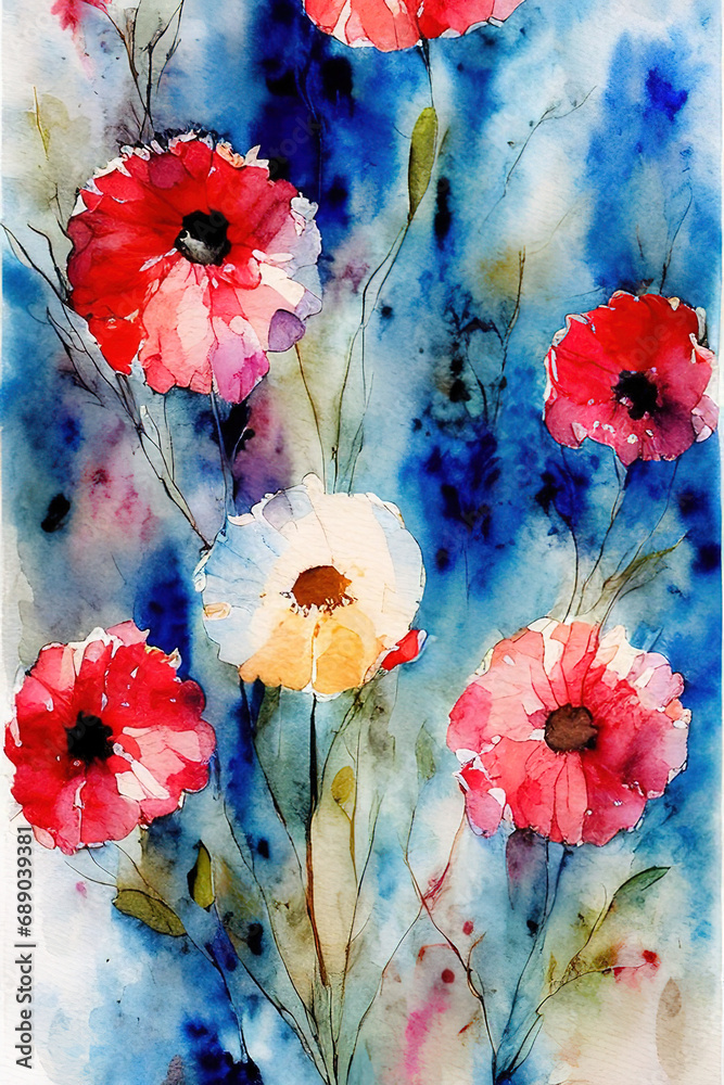 flowers Abstract watercolor painting on paper, blue, red, black colors, cinematic, Ai generated