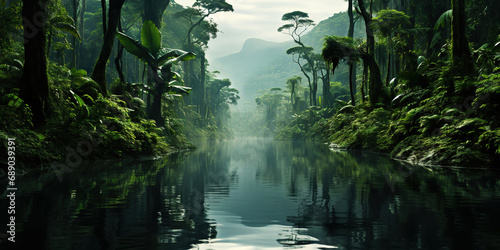 Tropical rainforest around river covered with mist. Generative AI