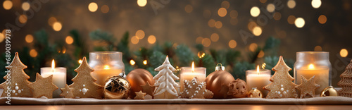Weihnachten Banner mit Kerzen, Tannenzweigen und Weihnachtskugeln photo