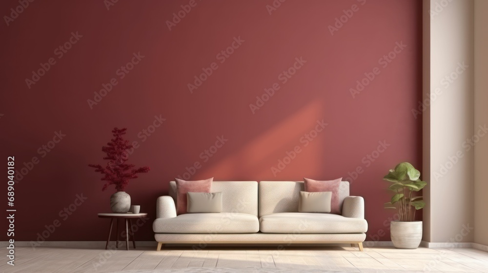 Fototapeta premium Maroon and beige color living room interior and walls design