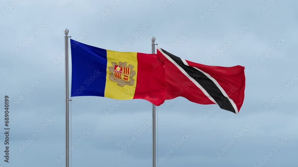 Trinidad and Tobago and Andorra flag waving together on cloudy sky, endless seamless loop, two country cooperation concept Trinidad and Tobago and Andorra flag waving together on cloudy sky, endless seamless loop, two country cooperation concept