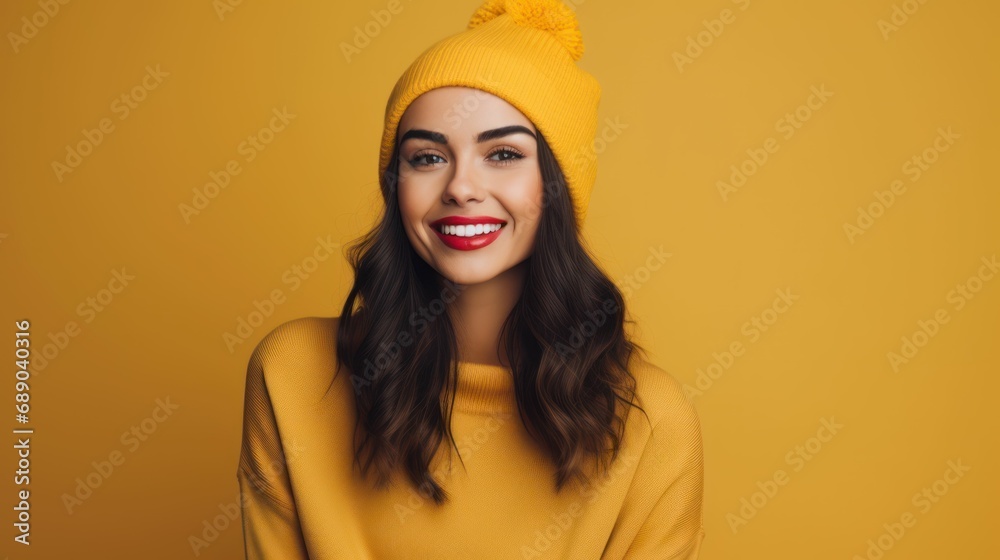 portrait of a young lady wearing winter cap and smile on her face while looking at a camera portrait of a young lady wearing winter cap and smile on her face while looking at a camera