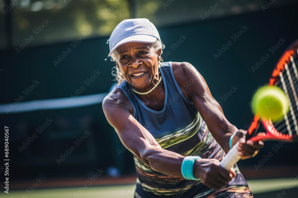 Generative AI illustration of Black old man playing tennis - obrazy, fototapety, plakaty 