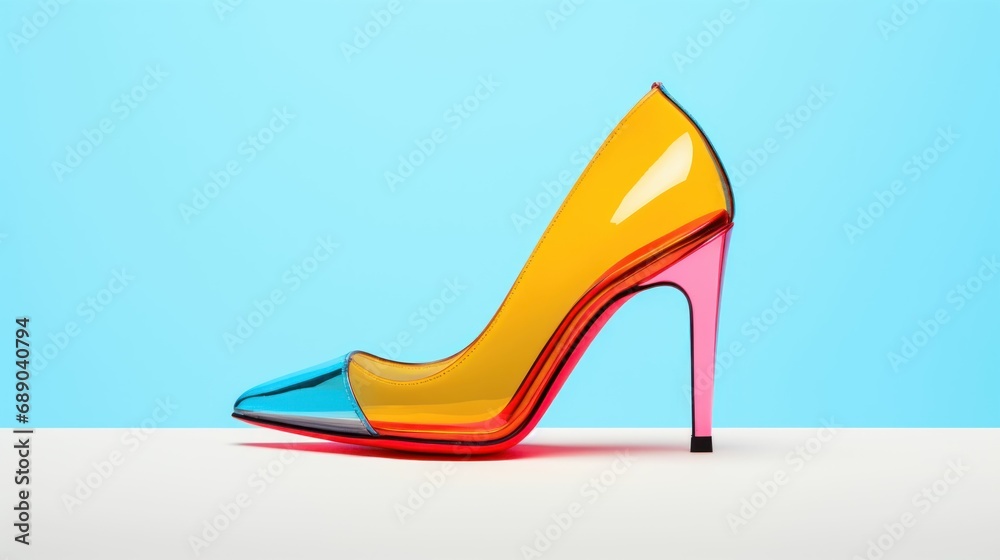Elegant and colorful transparent high heels shoe with pastel background Elegant and colorful transparent high heels shoe with pastel background