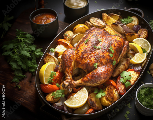 Whole roasted chicken or turkey in black cat iron pot with vegetables in rustic table, top view
