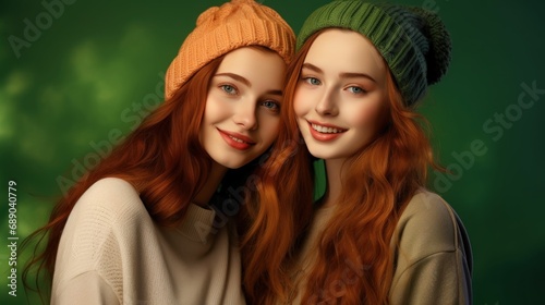 Two beautiful ladies wearing beanie hats and looking at a camera with smile on faces  © Sohaib q