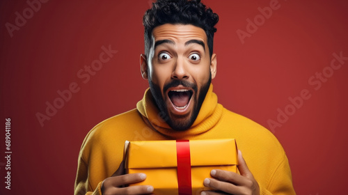 surprise and excited man holding gift box © hakule