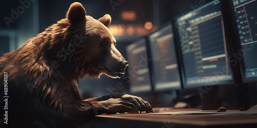 Bear financial market concept Closeup animal bear analyzing stock exchange chart investment and trading A brown bear sits at a computer with a computer monitor behind him Ai Generative photo