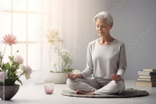 Mature caucasian woman meditates at home. AI generative