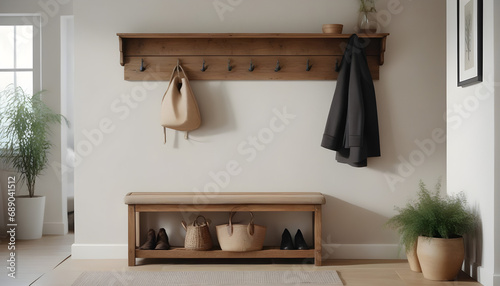 Wall-mounted coat rack above rustic bench. Farmhouse interior design of modern entrance hall living room created with generative ai © Chaudhry