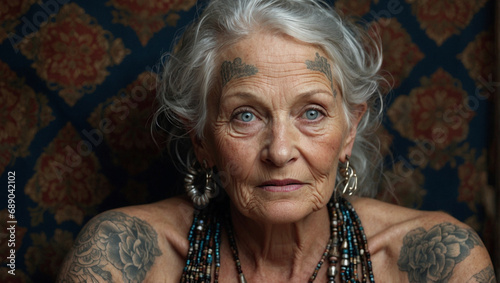 Portrait of a captivating senior woman with white hair and tatoos looking at camera. Wisdom, confidence, experience, strenght, empowerment concepts.