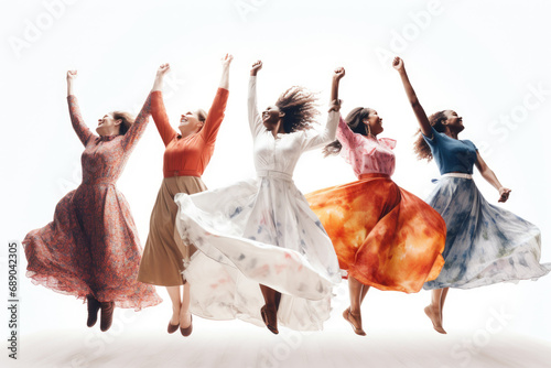 group of women of different ethnicities jumping, in front of a white background