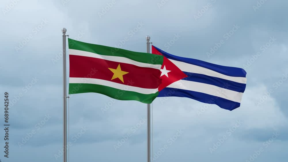 Cuba and Suriname flag waving together on cloudy sky, endless seamless loop, two country cooperation concept Cuba and Suriname flag waving together on cloudy sky, endless seamless loop, two country cooperation concept