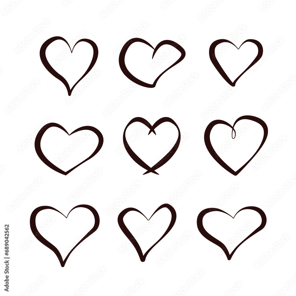 Vector black hearts set icons. Various options of creative heart drawings, valentine day concept