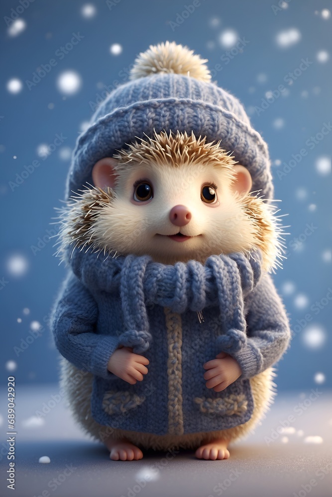 cute little hedgehog wearing knitted winter hat. huge big round eyes. snowflakes around cartoon style. cute little hedgehog wearing knitted winter hat. huge big round eyes. snowflakes around cartoon style.