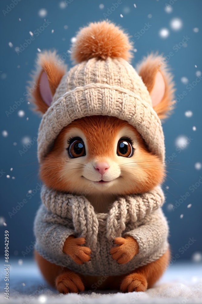 cute little squirrel wearing knitted winter hat. huge big round eyes. snowflakes around cartoon style.