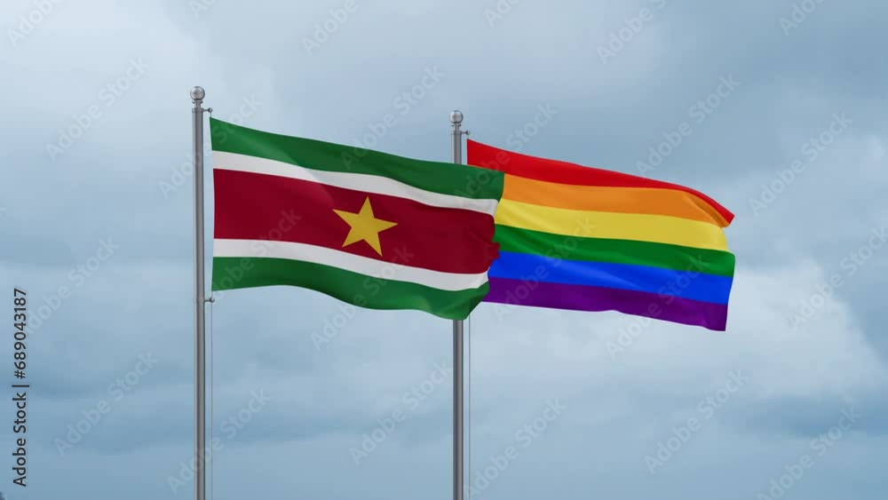 LGBT movement flag also Gay Pride and Suriname flag waving cycle looped video, tolerance conception in country LGBT movement flag also Gay Pride and Suriname flag waving cycle looped video, tolerance conception in country