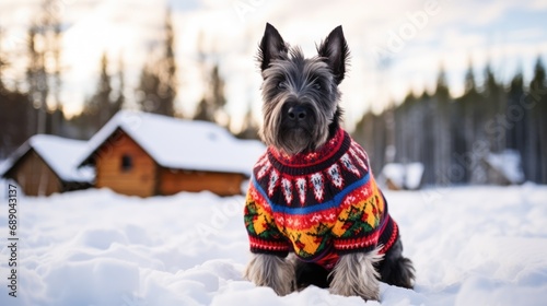 Christmas Scottish terrier background. Merry Christmas, Happy New Year concept. Cute Dog dressed in wearing festive outfit, xmas jackets, jumper.. photo