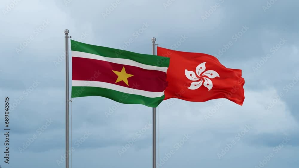 Hong Kong flag and Suriname flag waving together on cloudy sky, endless seamless loop, two country relations concept Hong Kong flag and Suriname flag waving together on cloudy sky, endless seamless loop, two country relations concept