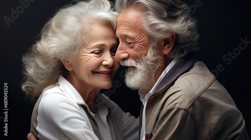 Old senior couple in love hug and embrace with romance together close-up portrait background. Hug Day, St Valentines concept. Happy mature man and woman hugging together. Elderly people in love.. © Oksana Smyshliaeva