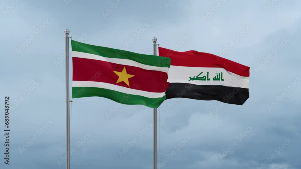 Iraq flag and Suriname flag waving together on blue sky, looped video Iraq flag and Suriname flag waving together on blue sky, looped video